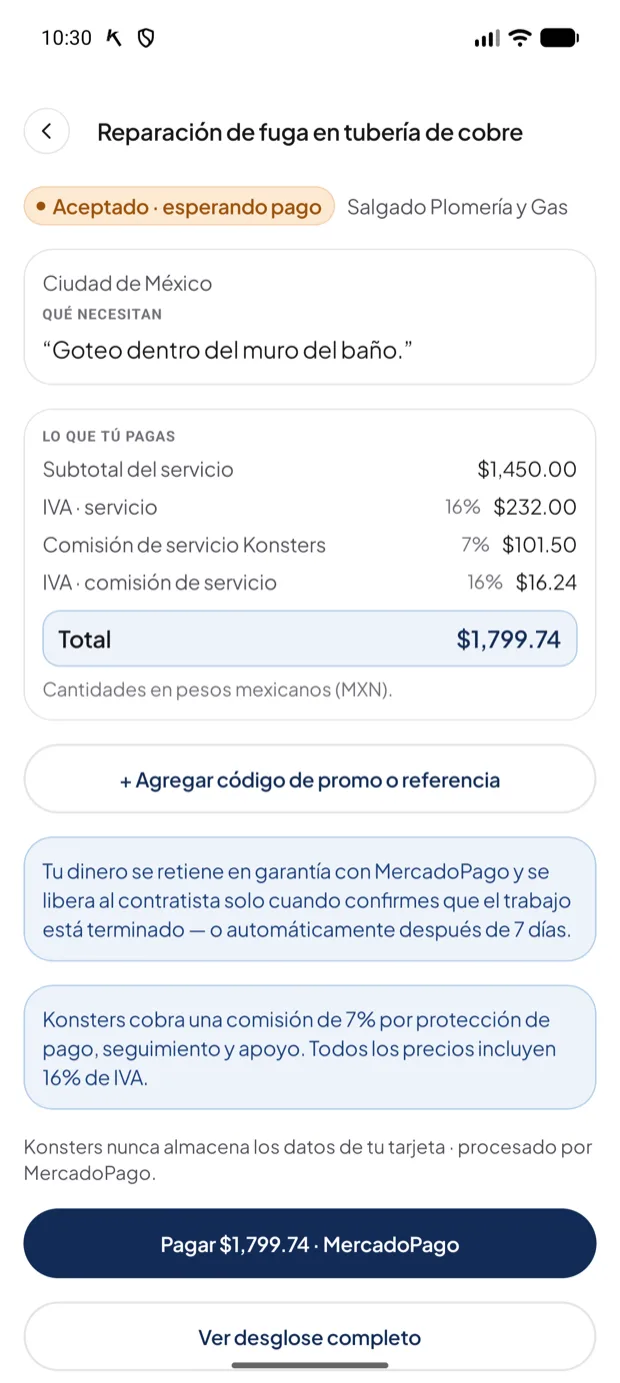 Pantalla de pago con el desglose completo
