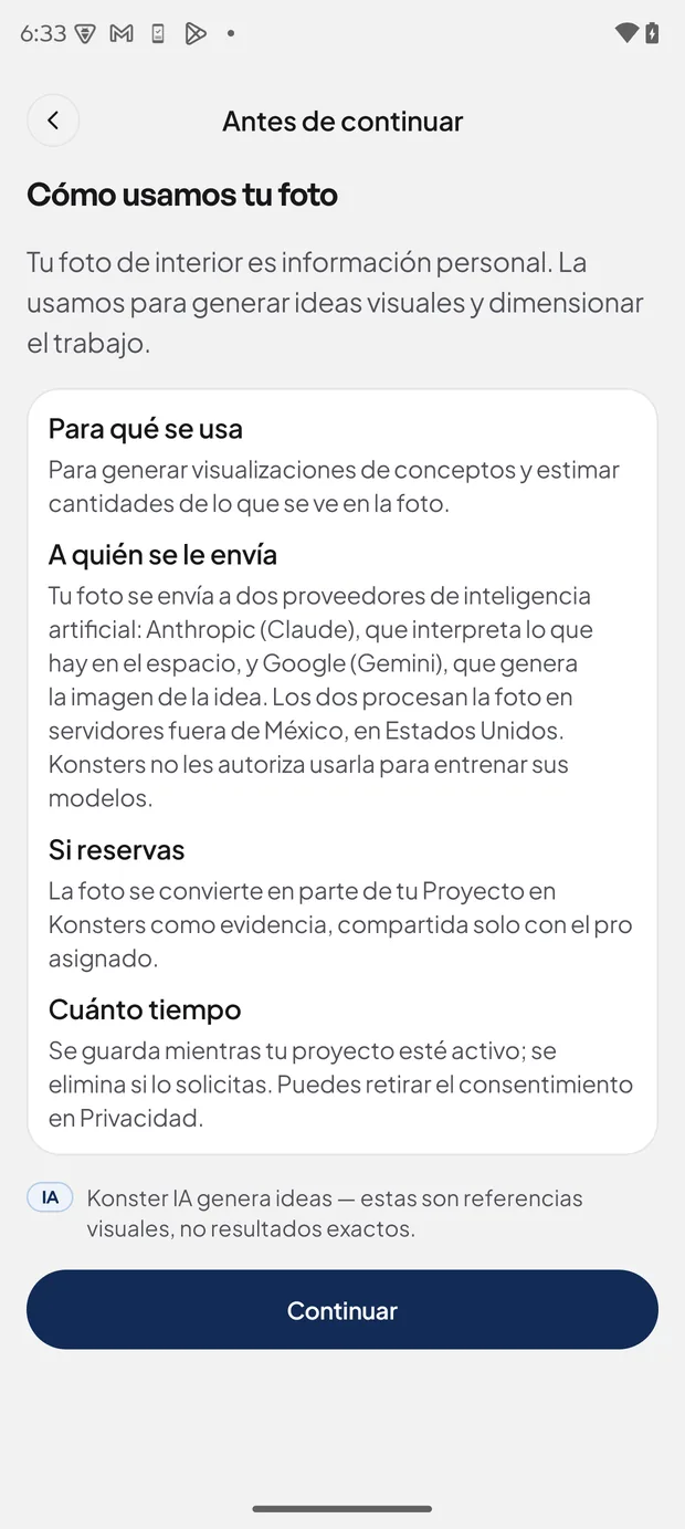 Pantalla de consentimiento de Reimagine con el detalle de a quién se envía la foto
