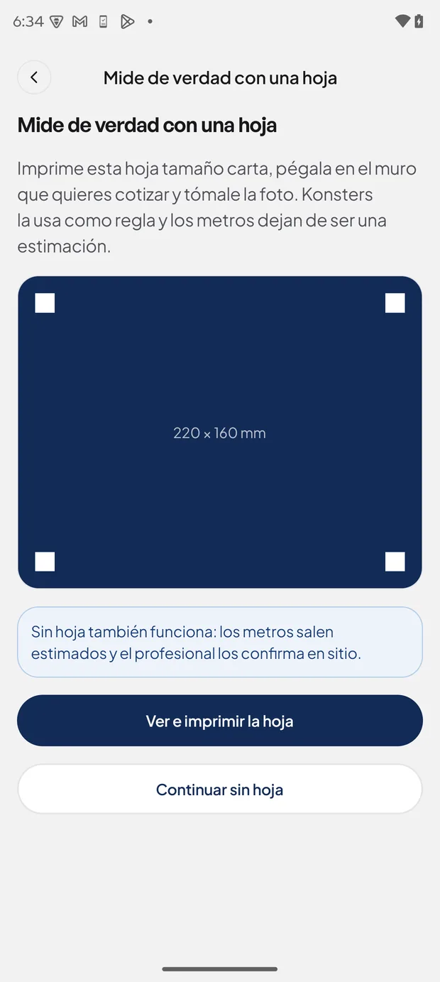 Pantalla de la hoja de escala con las cuatro marcas y la medida de 220 por 160 milímetros