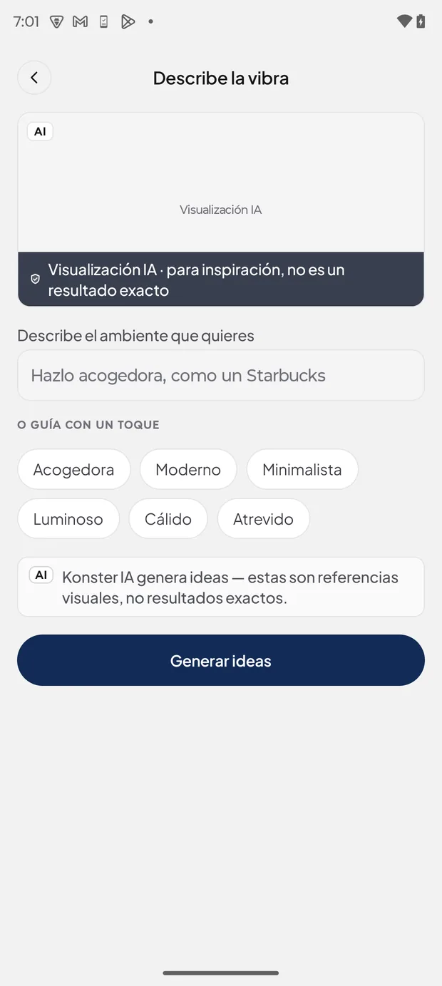 Pantalla para describir la vibra, con el campo de texto y las fichas de estilo