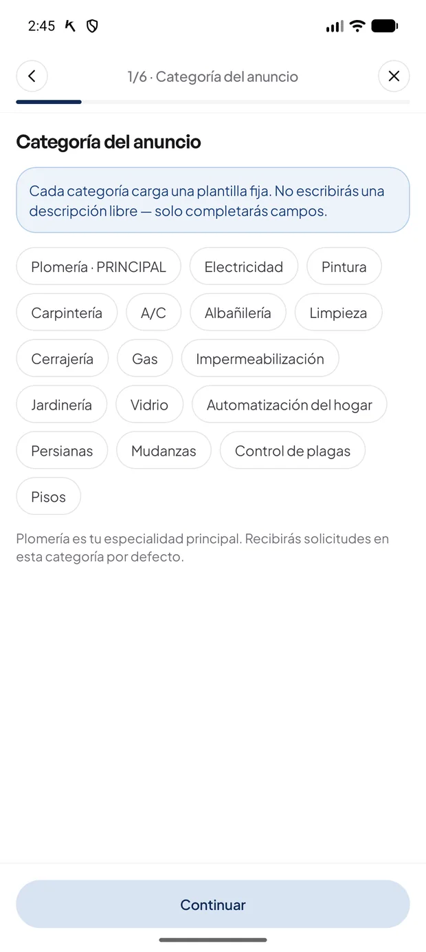 Paso 1 de 6 del alta de un servicio: elegir la categoría del anuncio