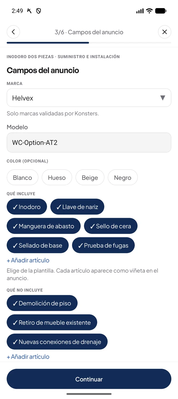 Paso 3 de 6: campos del anuncio, marca, modelo, qué incluye y qué no incluye