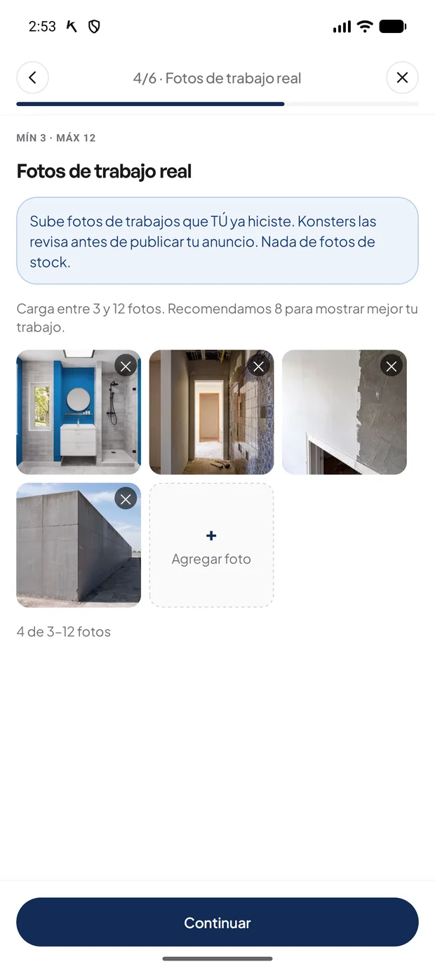 Paso 4 de 6: subir entre 3 y 12 fotos de trabajo real