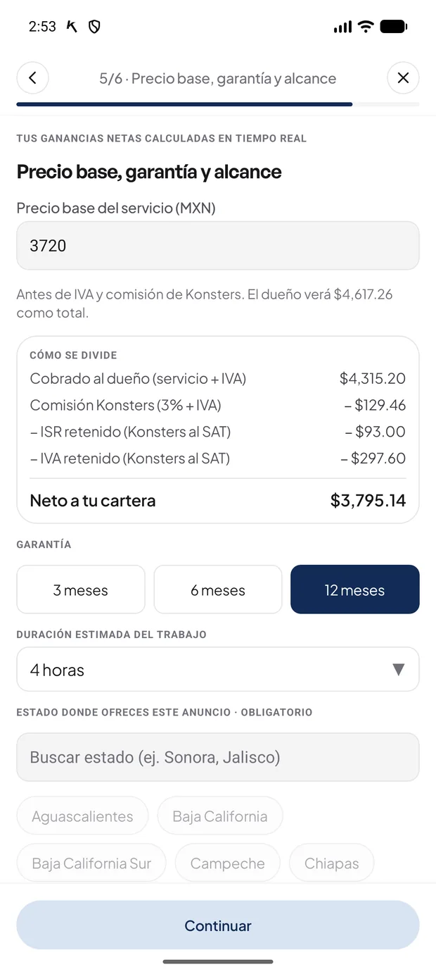 Paso 5 de 6: precio base con el desglose del neto en tiempo real y la garantía