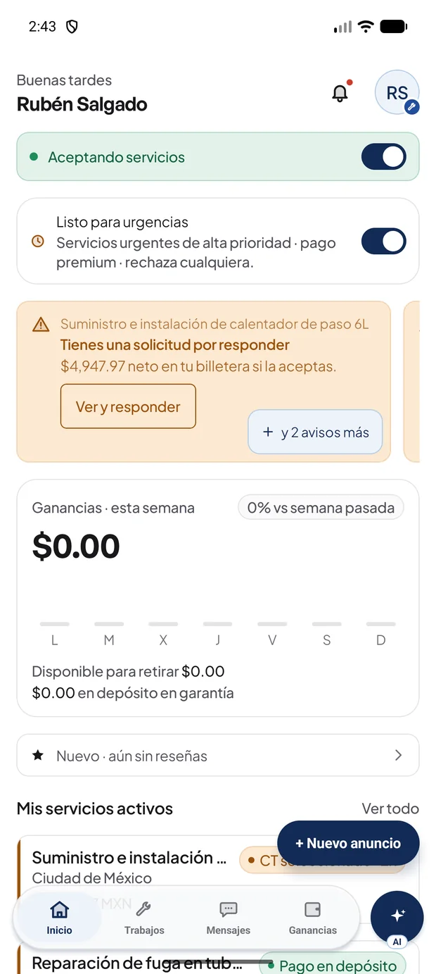 Inicio del contratista con los interruptores de disponibilidad y el aviso de solicitud por responder
