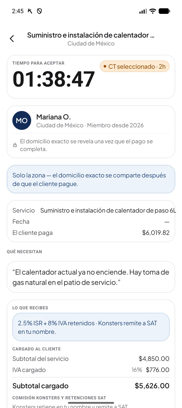 Pantalla de aceptación con el contador de 2 horas y el desglose del dinero