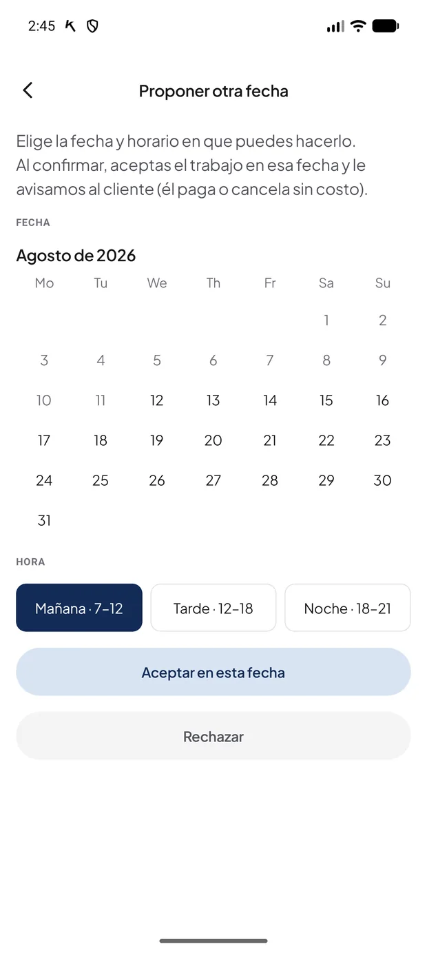 Pantalla para proponer otra fecha con calendario y franjas horarias
