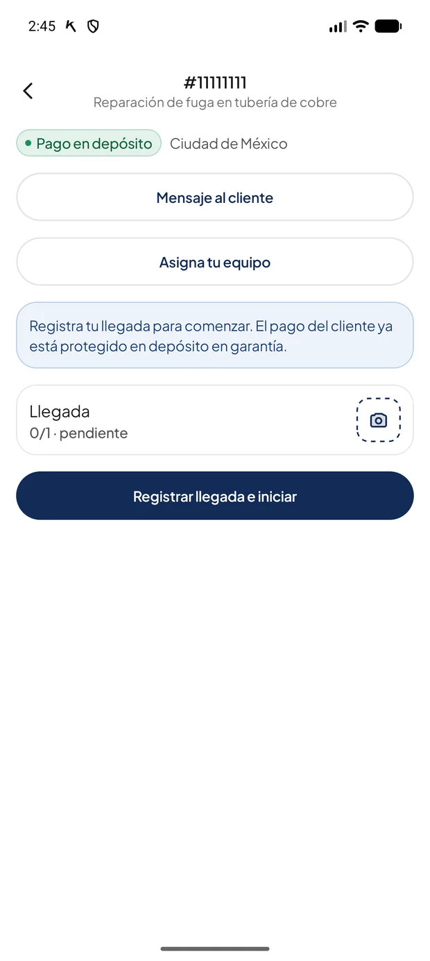 Pantalla de trabajo antes del check-in, con el botón Registrar llegada e iniciar