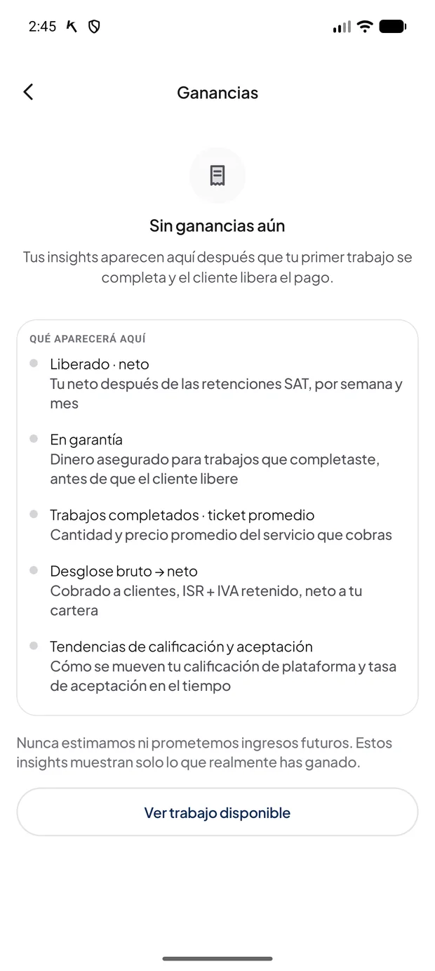 Pantalla de Ganancias explicando qué información aparecerá