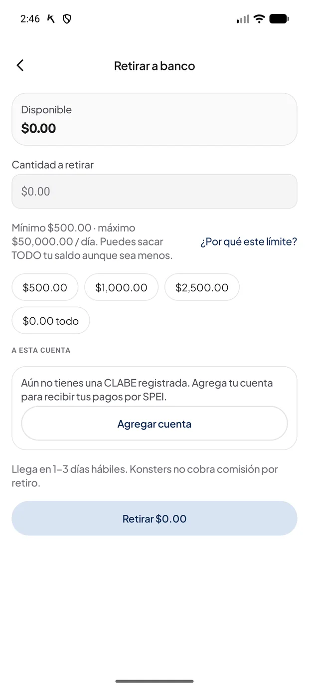 Pantalla de retiro a banco con el mínimo, el máximo diario y el registro de CLABE