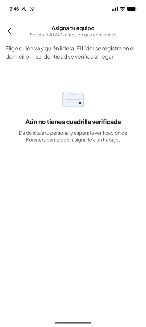 Pantalla para asignar el equipo a un trabajo