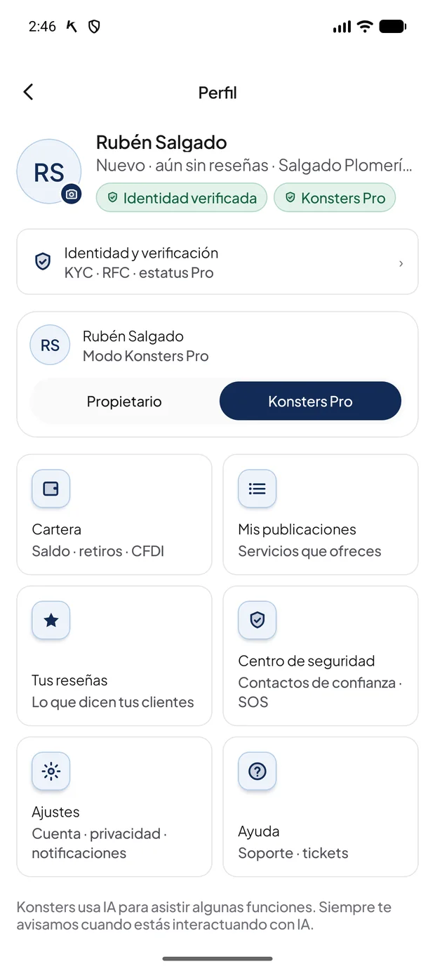Pantalla de perfil del contratista con sellos, cambio de modo y accesos