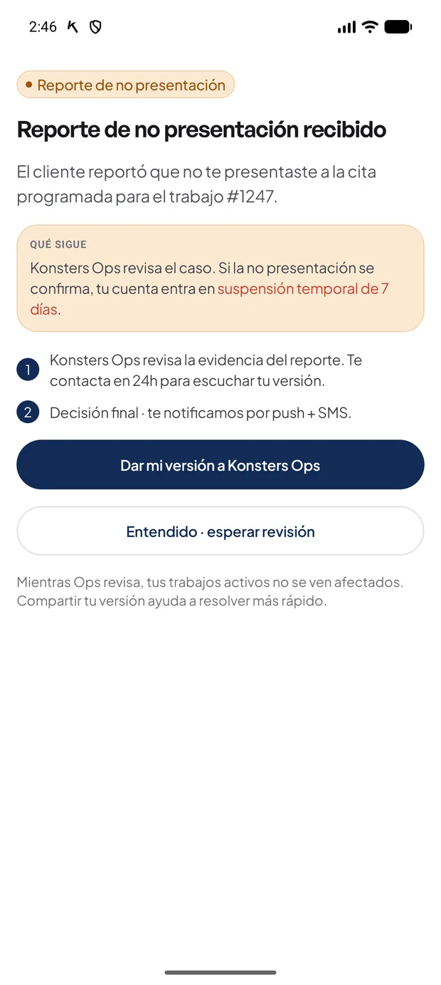Pantalla de reporte de no presentación con los pasos de revisión de Konsters Ops