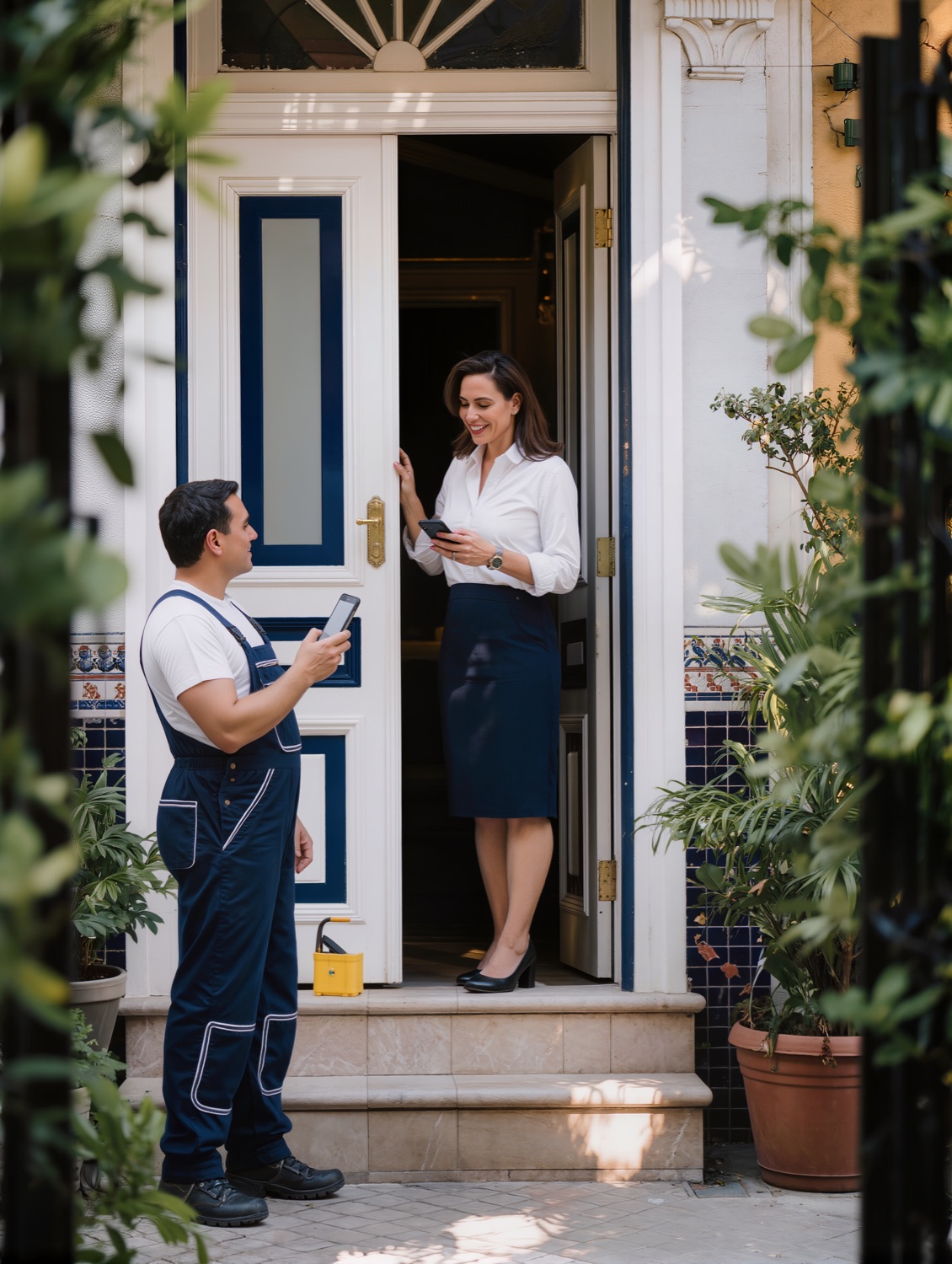 Profesional mostrando su código de llegada en la puerta